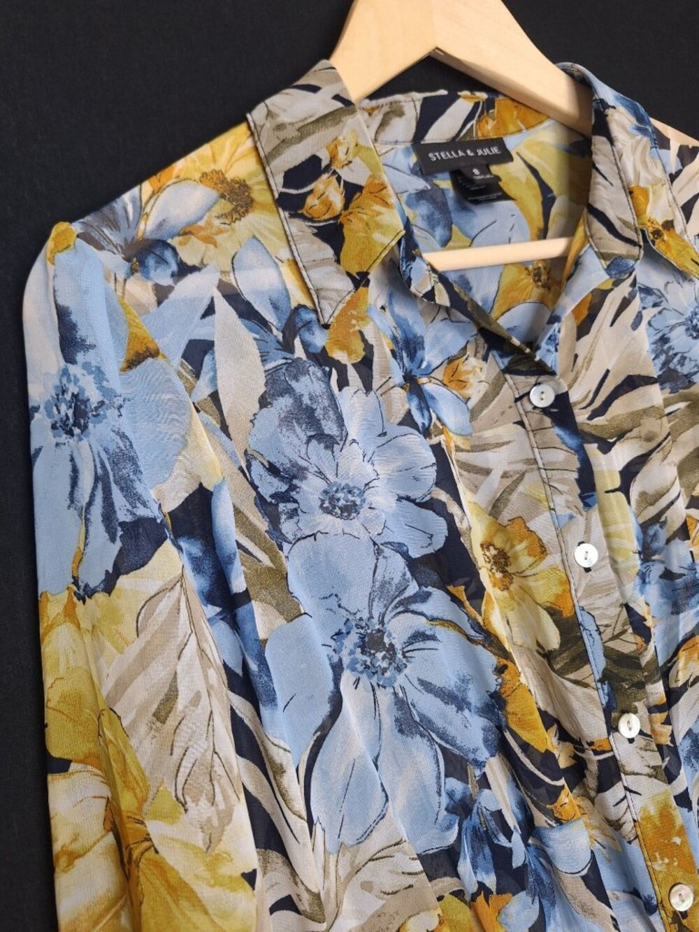 💙 Stella & Julie Floral Shirt Dress Size 8 Blue Yellow Button Front Long Sleeve - Picture 4 of 8